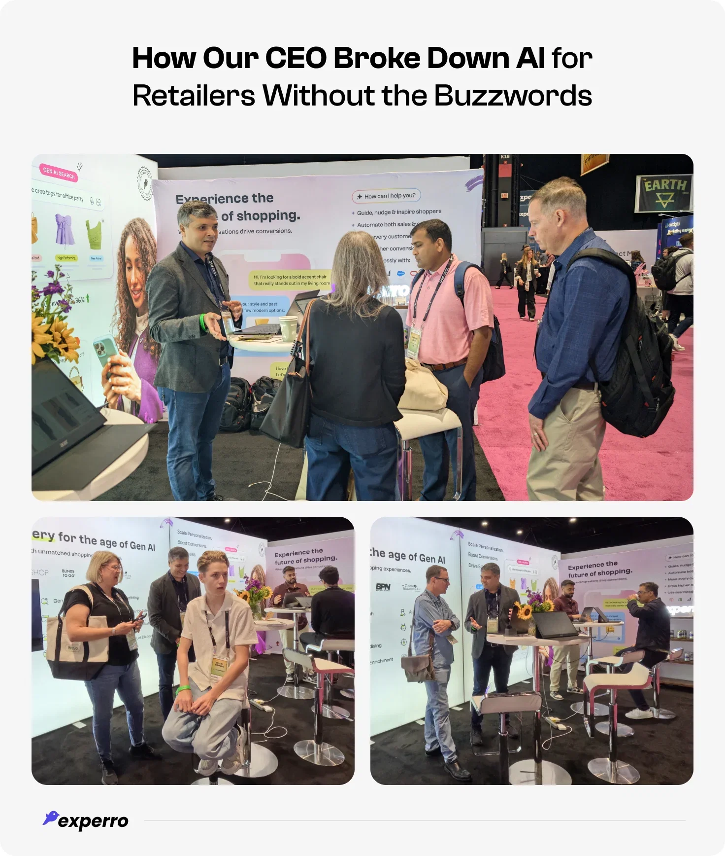 A published photo collage showing Jayesh Mori demonstrating Experro to visitors at Shoptalk Fall 2025