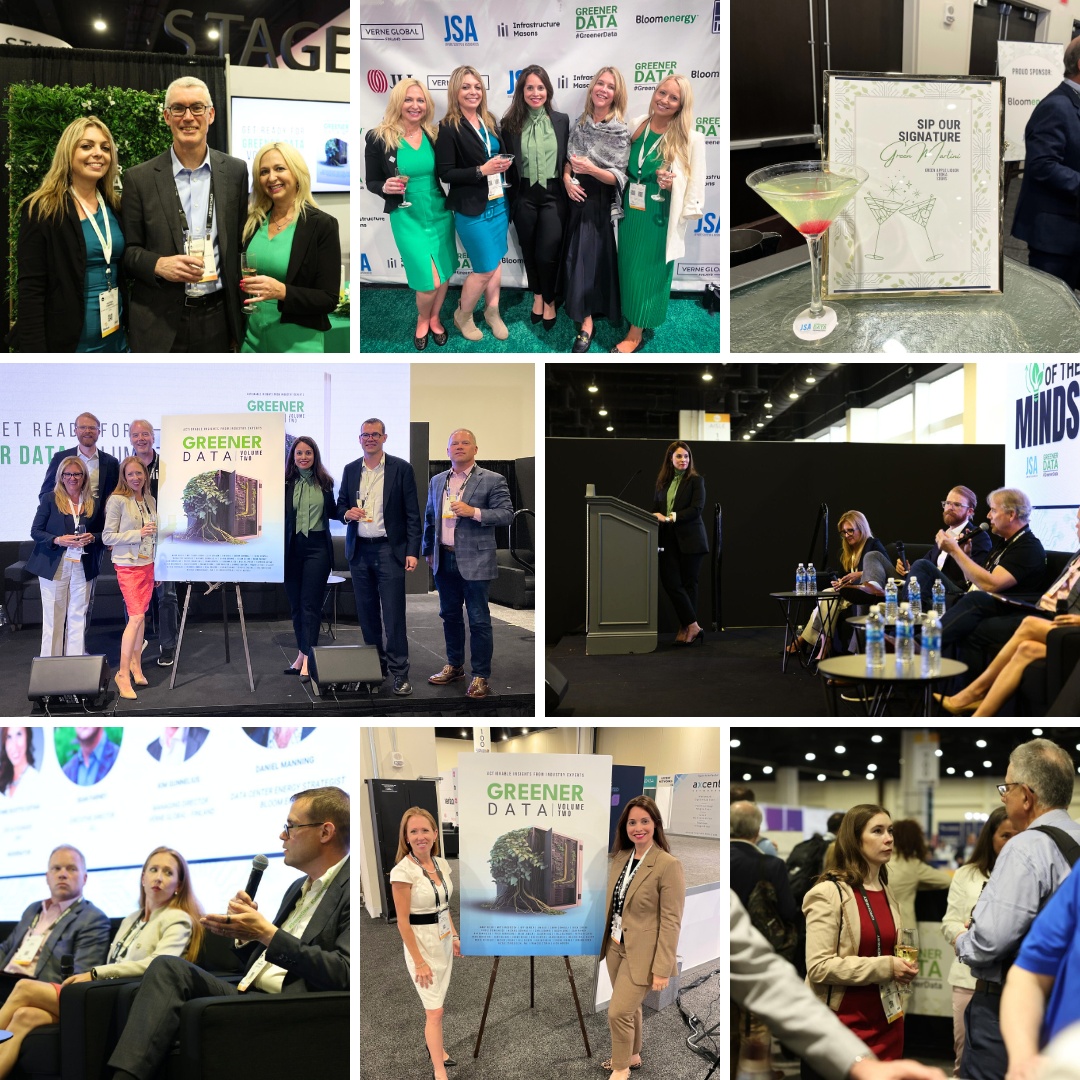 Photo collage from Greener Data at ITW 2023, showing Jaymie Scotto Cutaia moderating and gathering with participants