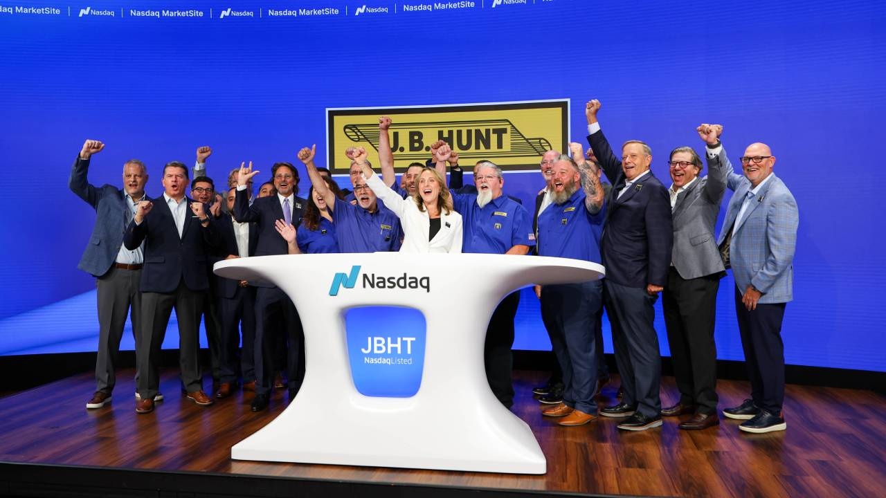 J.B. Hunt employees and executives at the Nasdaq Opening Bell for the company’s 65th anniversary