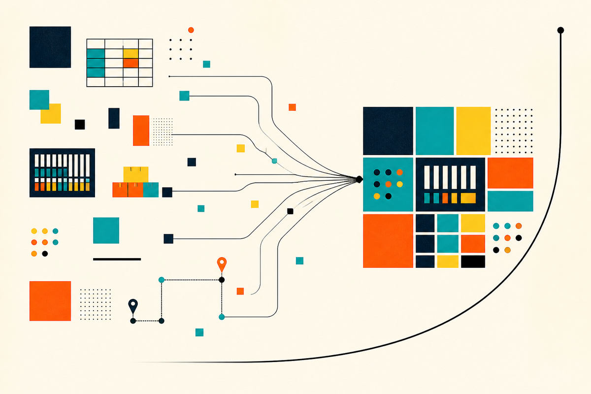 Abstract geometric illustration of scattered business systems converging into one ordered grid