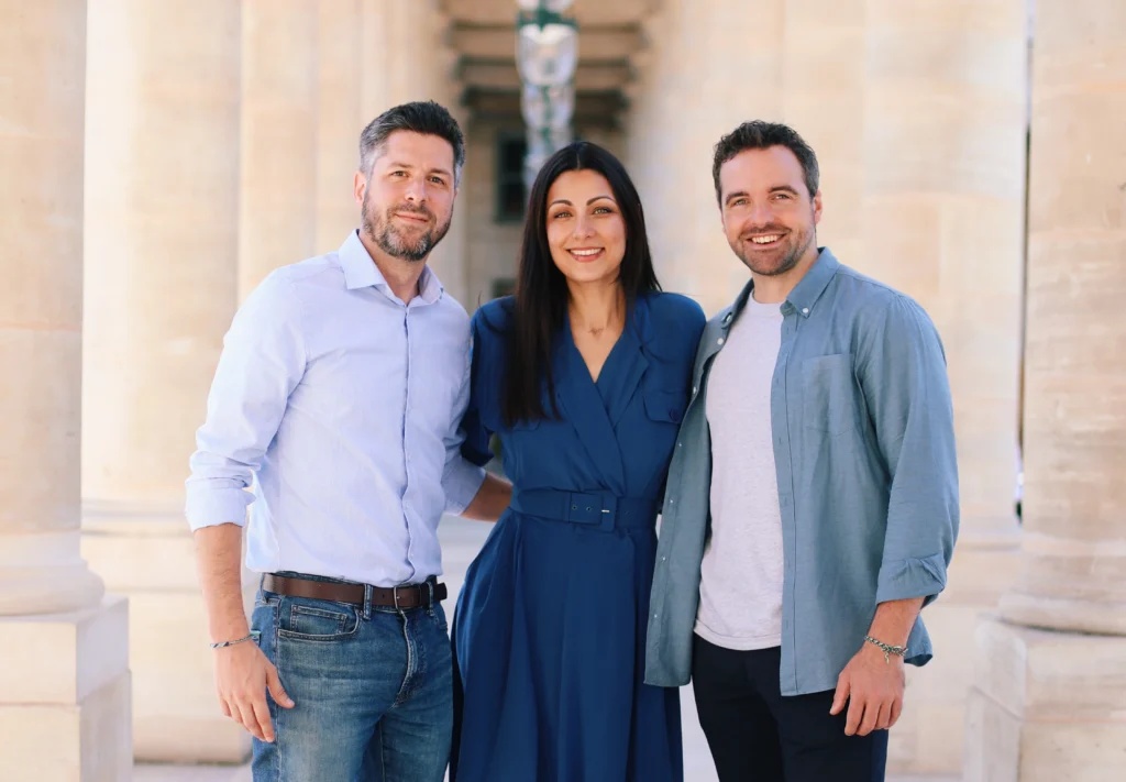 Jean Hamon, left, with Orbiit founders Bilyana Freye and Luuk Derksen at the Palais Royal colonnade