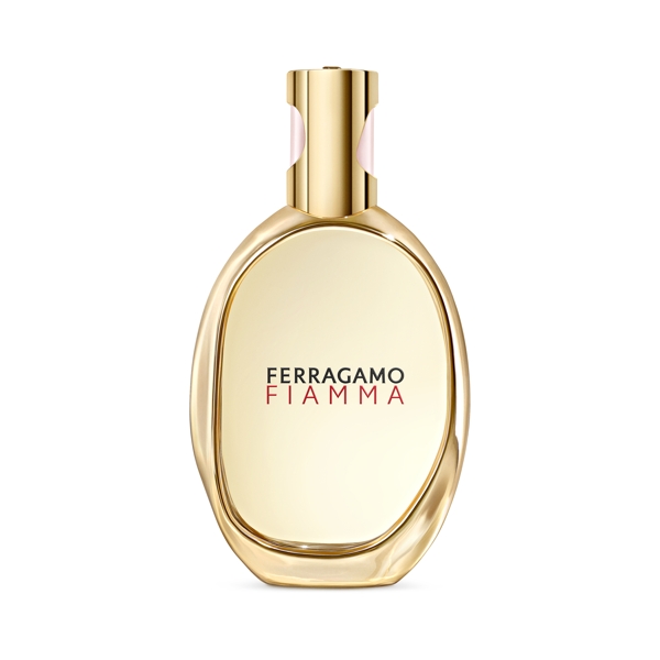 Ferragamo Fiamma perfume bottle with a gold-toned cap and curved glass design
