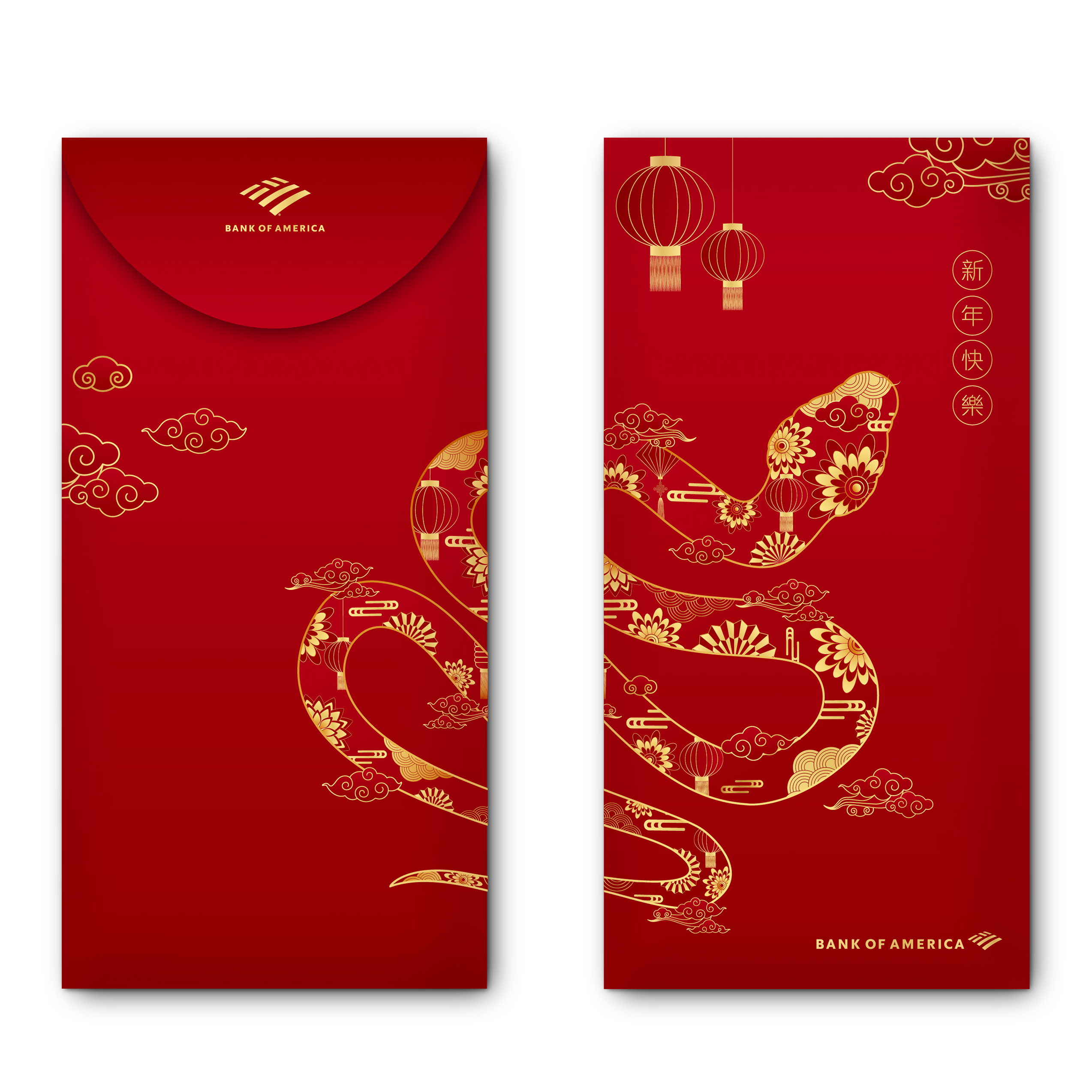 Red and gold Year of the Snake envelopes designed for Bank of America Lunar New Year events
