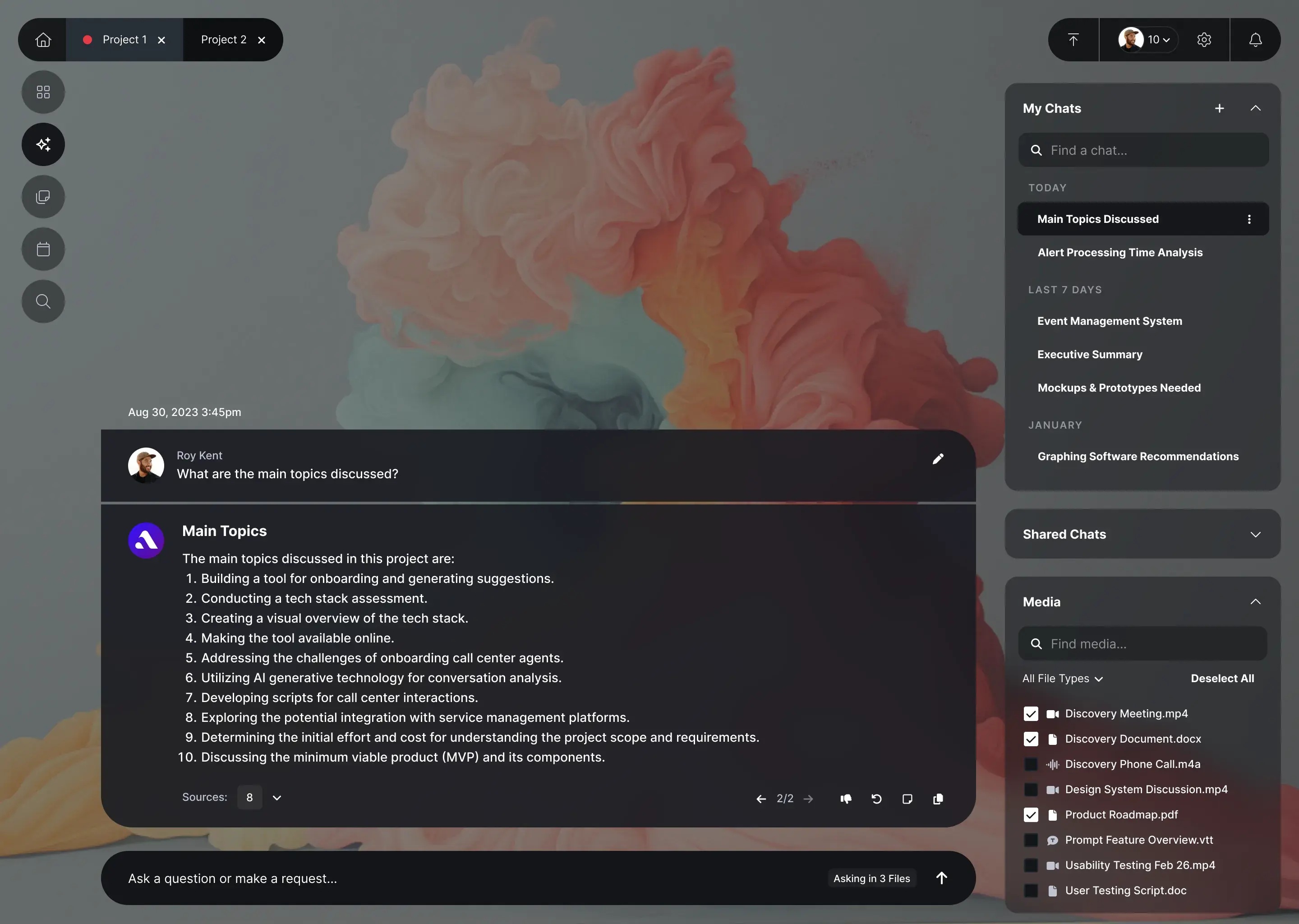 ADAPT interface showing project chats, a summary with source references, and selected meeting and document files