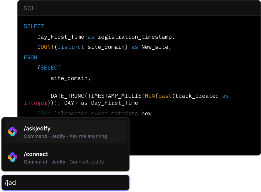 Jedify product illustration pairing SQL with Slack commands for asking questions and connecting data