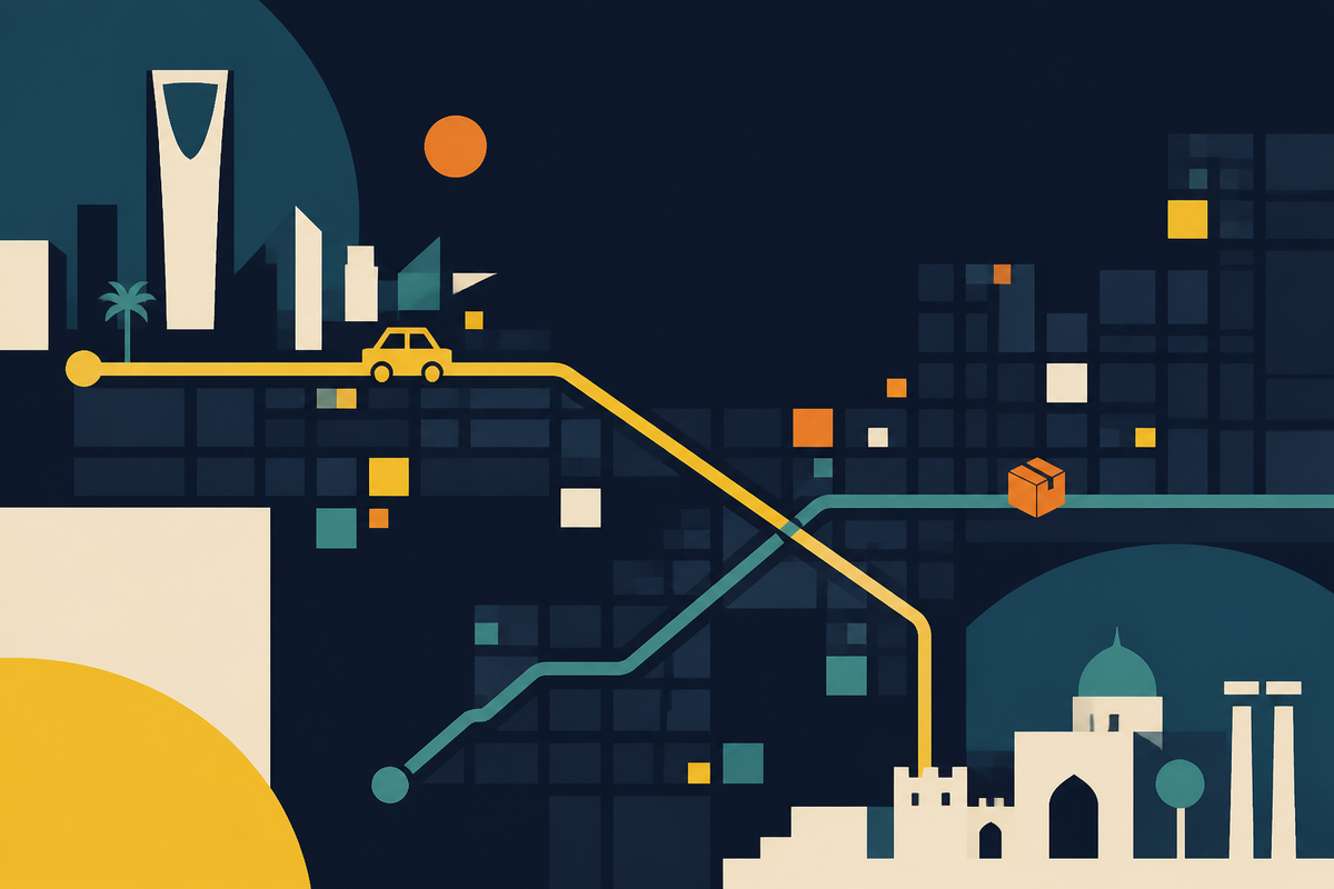 Abstract geometric night city with routes connecting a car and parcel