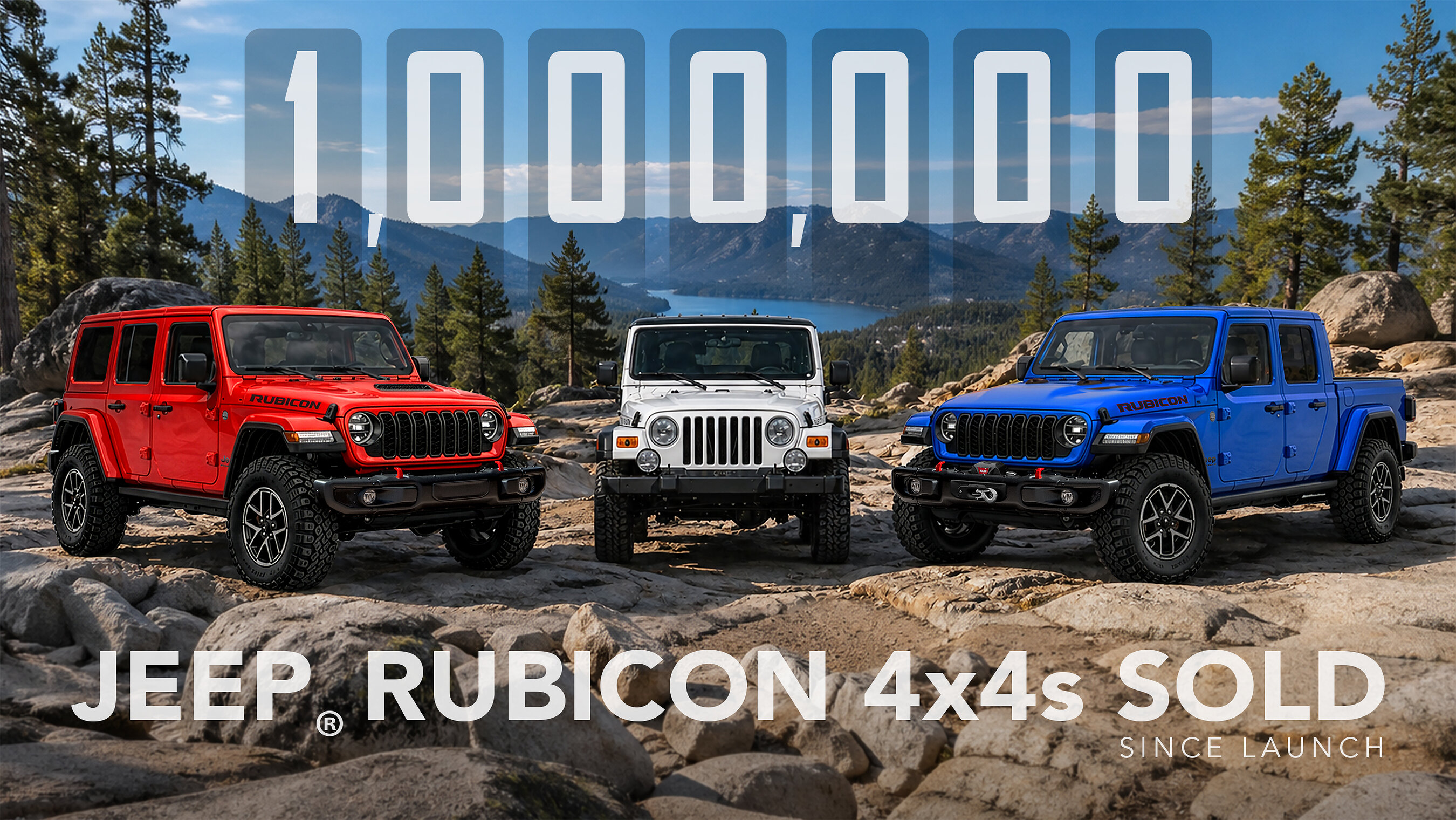 Jeep publicity image marking one million Wrangler and Gladiator Rubicon vehicles sold worldwide