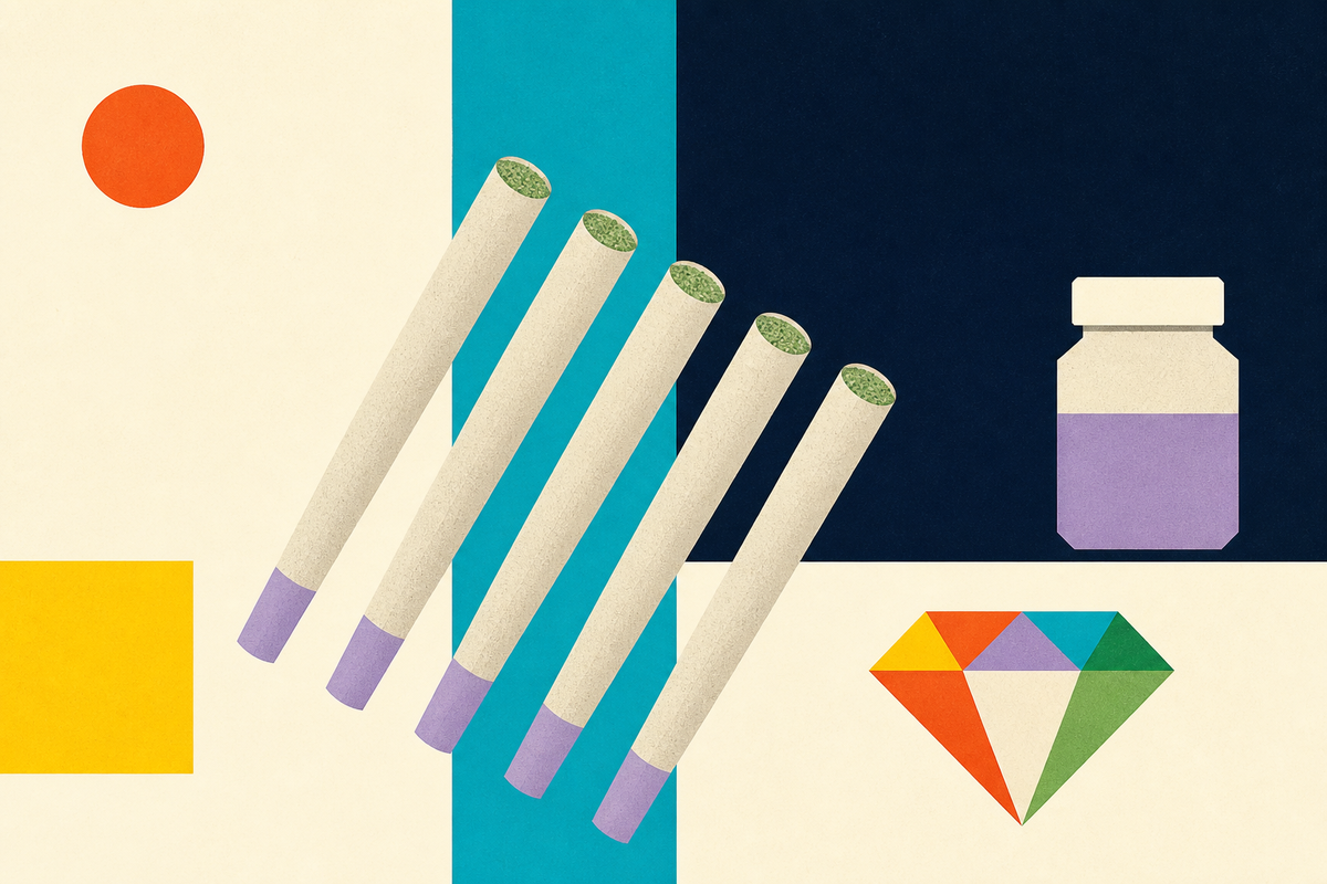 Abstract Swiss-style arrangement of five pre-roll forms, a jar and a faceted diamond
