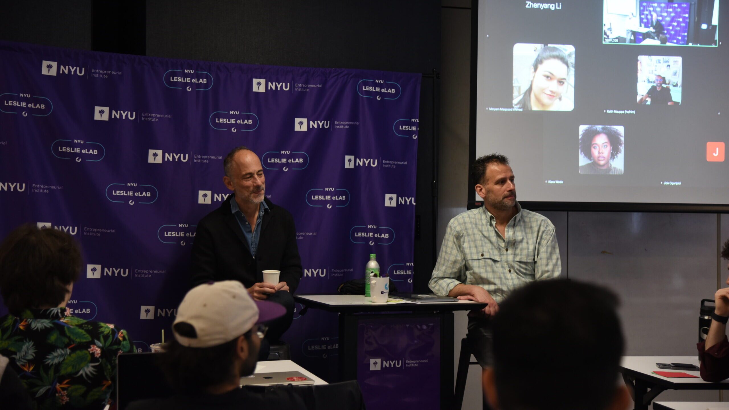 Jeff Dachis, seated at left, speaking with entrepreneurs at NYU’s Leslie eLab.