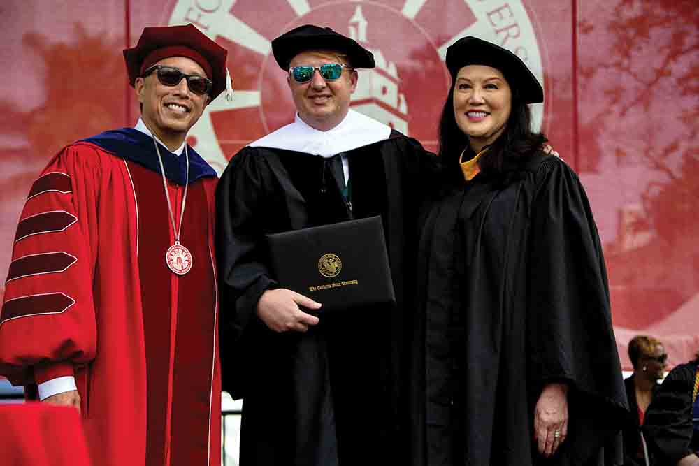 Richard Yao, Jeff Green and Wenda Fong wearing academic regalia at CSU Channel Islands in 2022