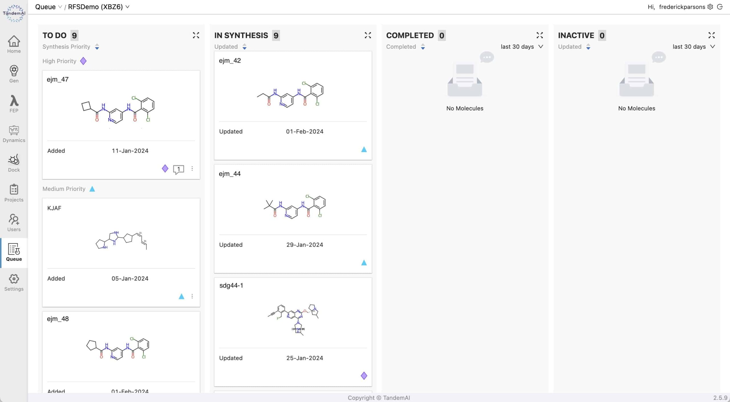 TandemQueue interface with columns for tasks to do, in synthesis, completed and inactive