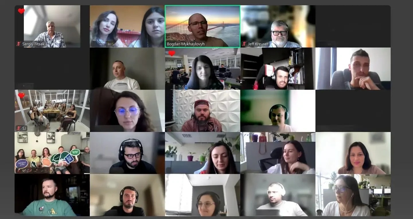 Softjourn colleagues on an anniversary video call, with Jeff Kreuser labelled in the top row