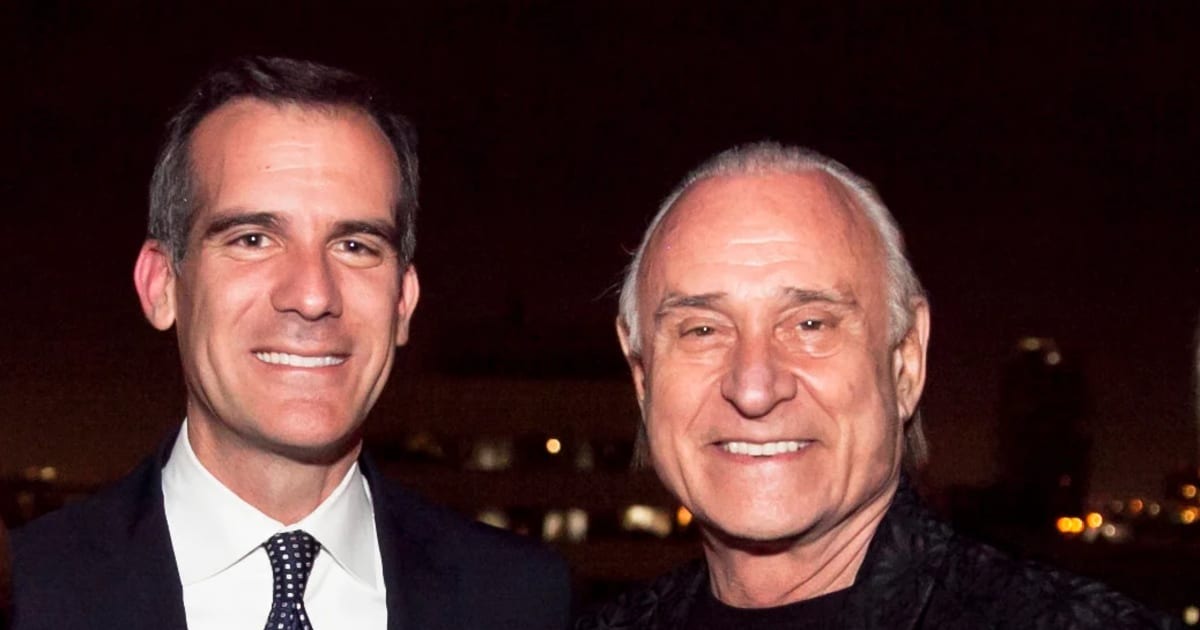 Jeff Pink smiling beside then-Los Angeles mayor Eric Garcetti at an ORLY anniversary event
