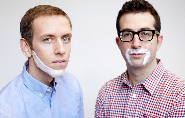 Andy Katz-Mayfield, left, and Jeff Raider, right, wearing shaving cream in an early Harry’s photograph