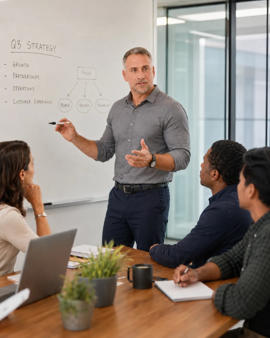 Jeff Roman holding a marker beside a whiteboard during a strategy meeting