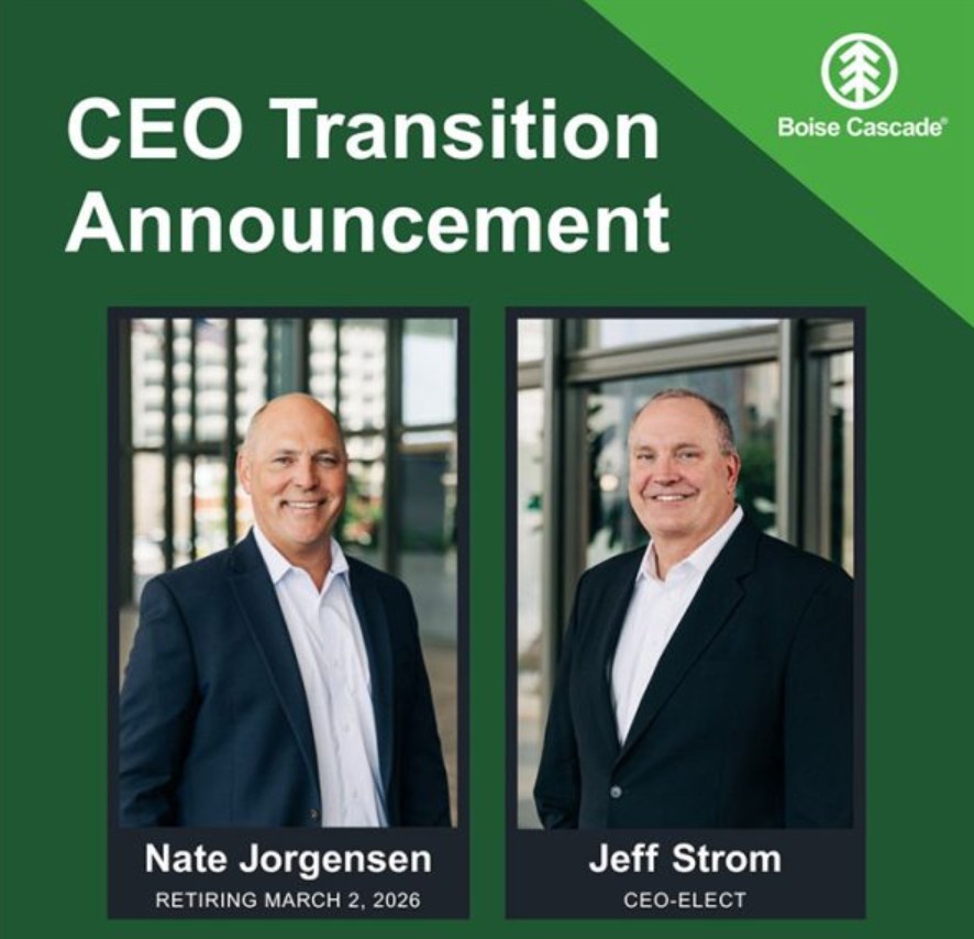 Boise Cascade's CEO transition announcement, with Nate Jorgensen on the left and Jeff Strom on the right