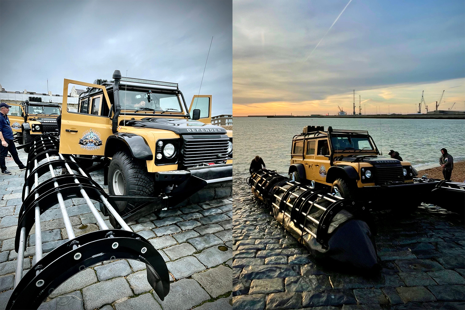 Modified DefenderX Land Rovers with flotation pontoons during the October 2021 English Channel attempt.