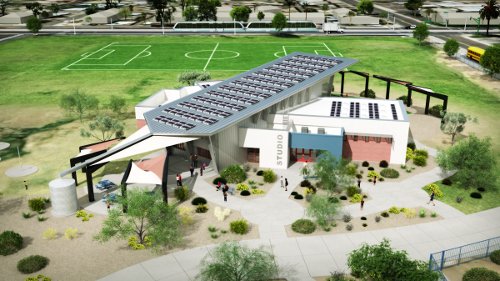 Architectural rendering of the Studio Green Schoolhouse with solar panels and outdoor community space