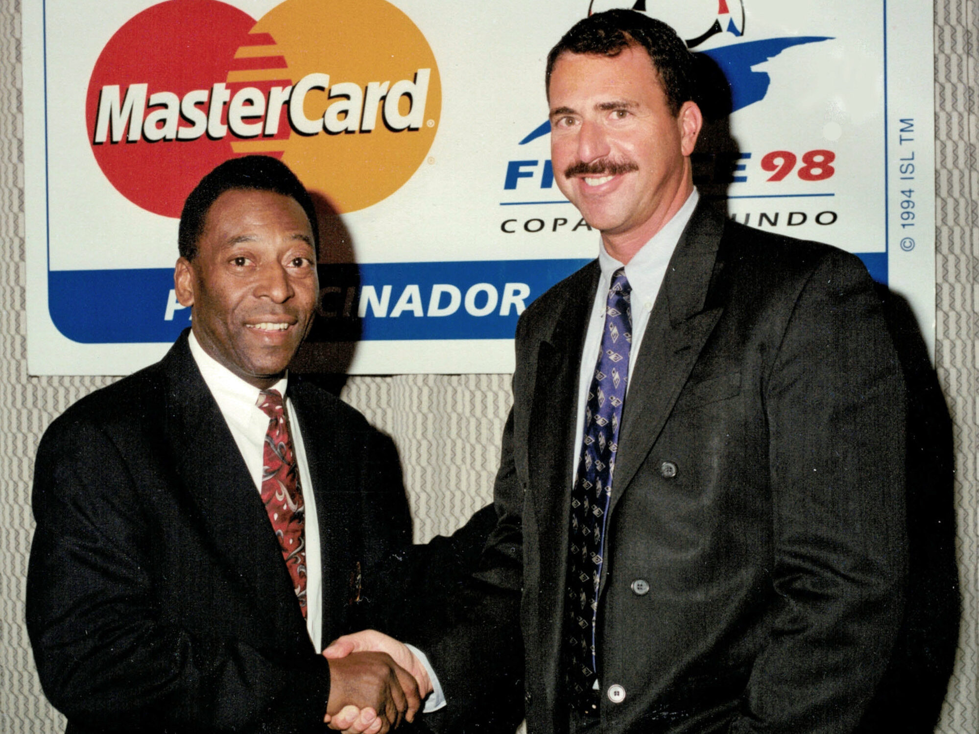 Jeffrey Sharlach with Pelé at a Mastercard event during the 1998 World Cup