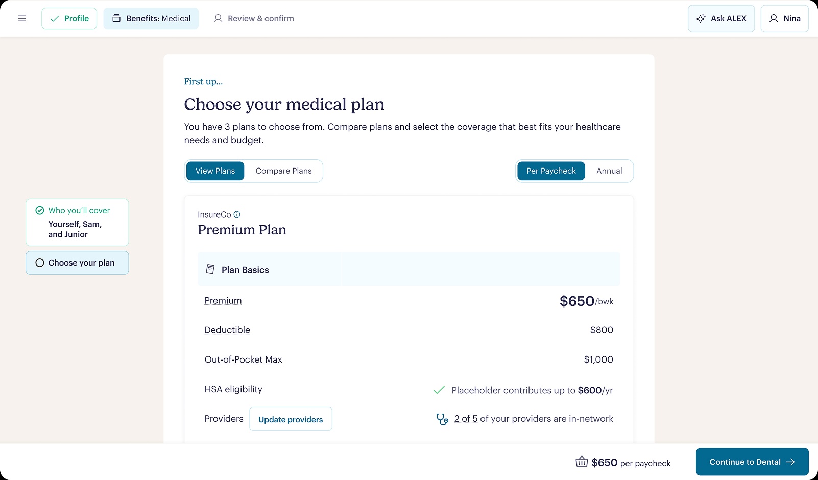 Illustrative ALEX Home interface showing medical-plan selection and a provider-network summary