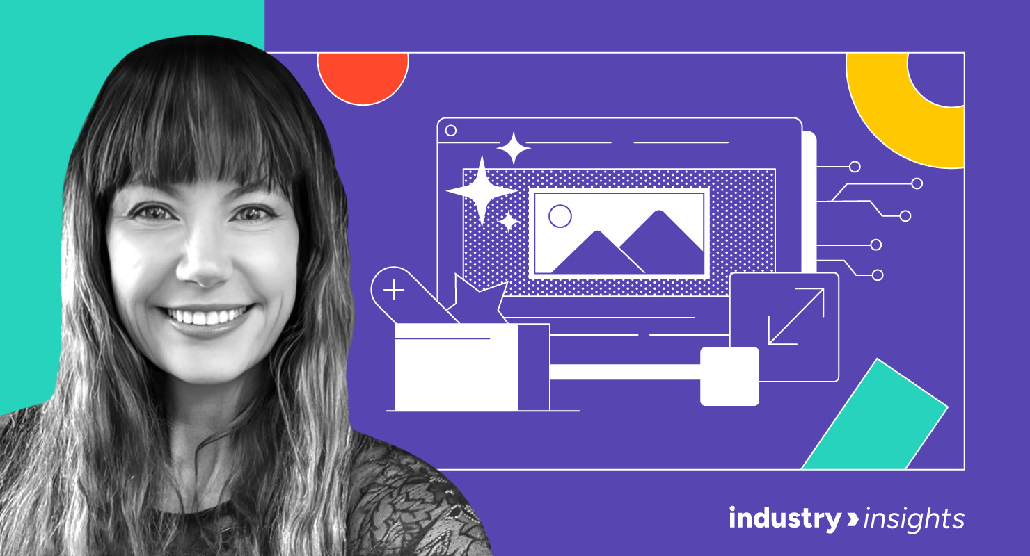 Editorial illustration showing Jen Rapp beside a stylized digital creative workspace