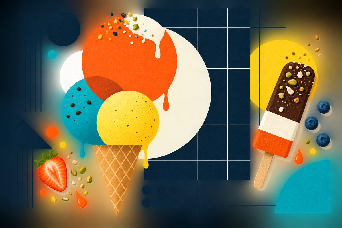 Abstract Swiss-style composition of colorful ice cream scoops, a cone, fruit, and a frozen bar on a geometric grid