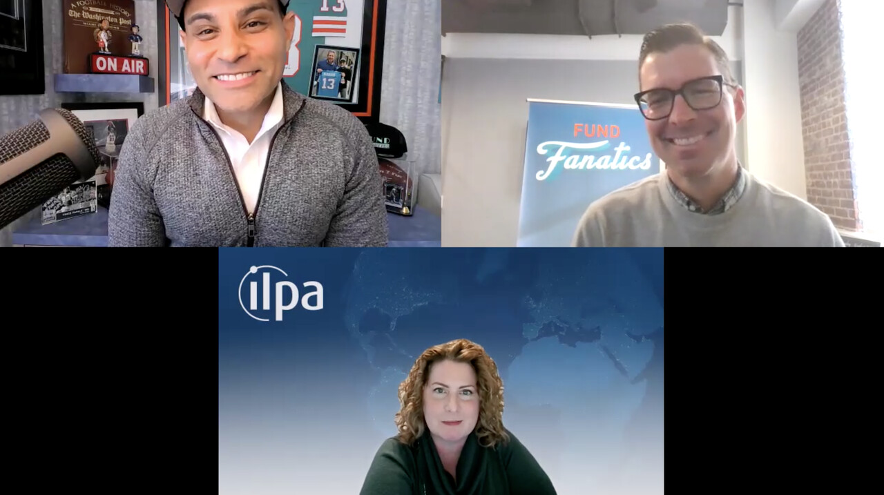 Jennifer Choi below Fund Fanatics hosts Scott Aleali and Jeff Maier in a three-person video interview