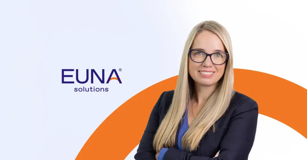 Jennifer Edwards in a navy blazer beside the Euna Solutions wordmark