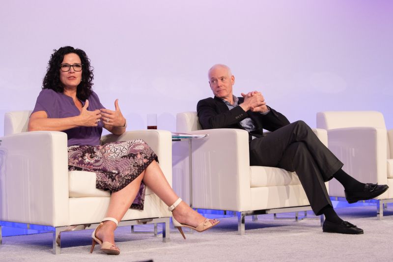 Jennifer Honeycutt speaking beside management author Jim Collins at the 2025 Veralto Leadership Conference