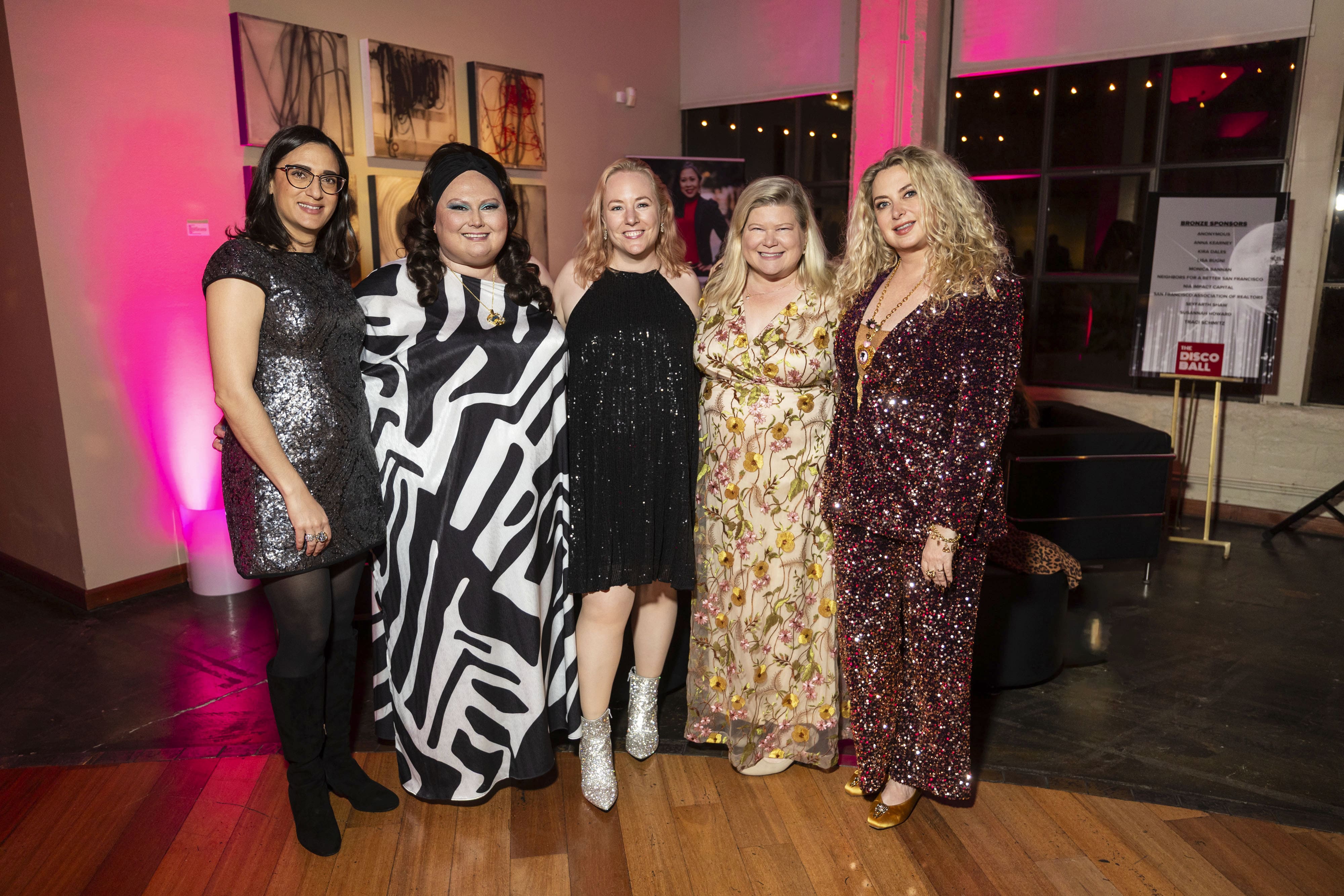 Jennifer Johnston, second from right, with four fellow guests at the 2025 Dress for Success Disco Ball in San Francisco