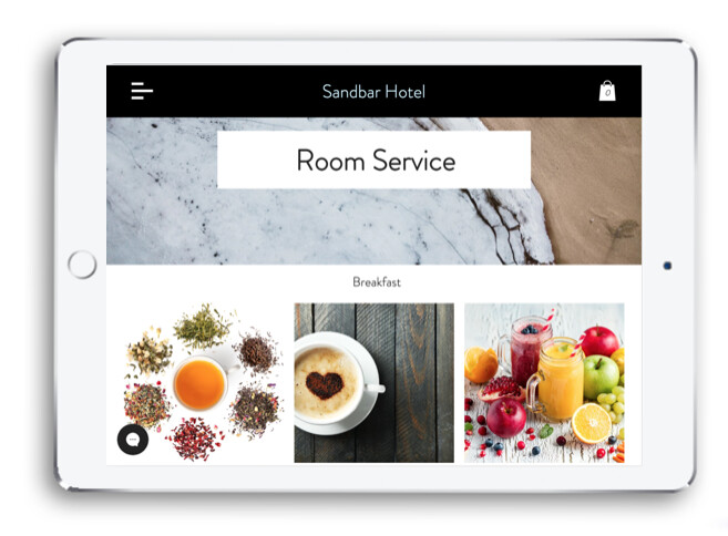 Incentient tablet interface showing a Sandbar Hotel room service breakfast menu
