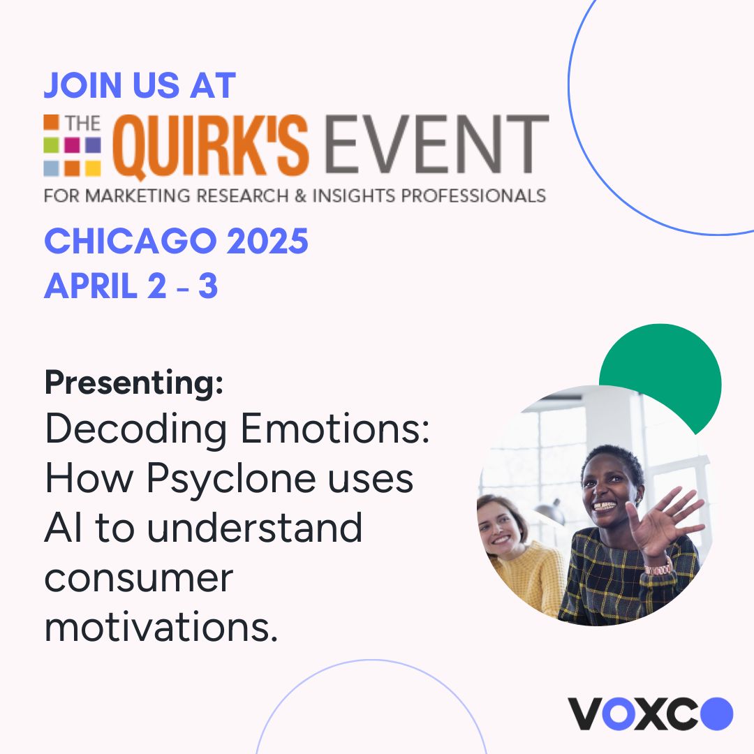 Voxco event graphic for a Quirk’s Chicago session on using AI to understand consumer motivations