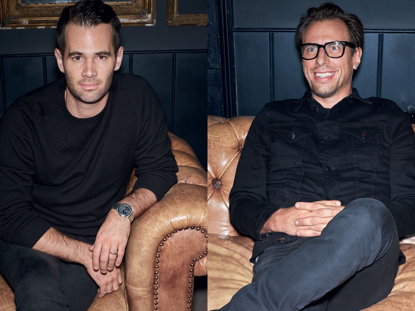 Jens Grede, left, and Erik Torstensson seated on leather chairs