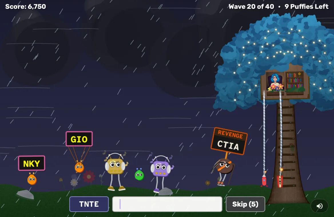 Sky Nook gameplay showing a glowing treehouse, rain, approaching creatures, and a word entry area