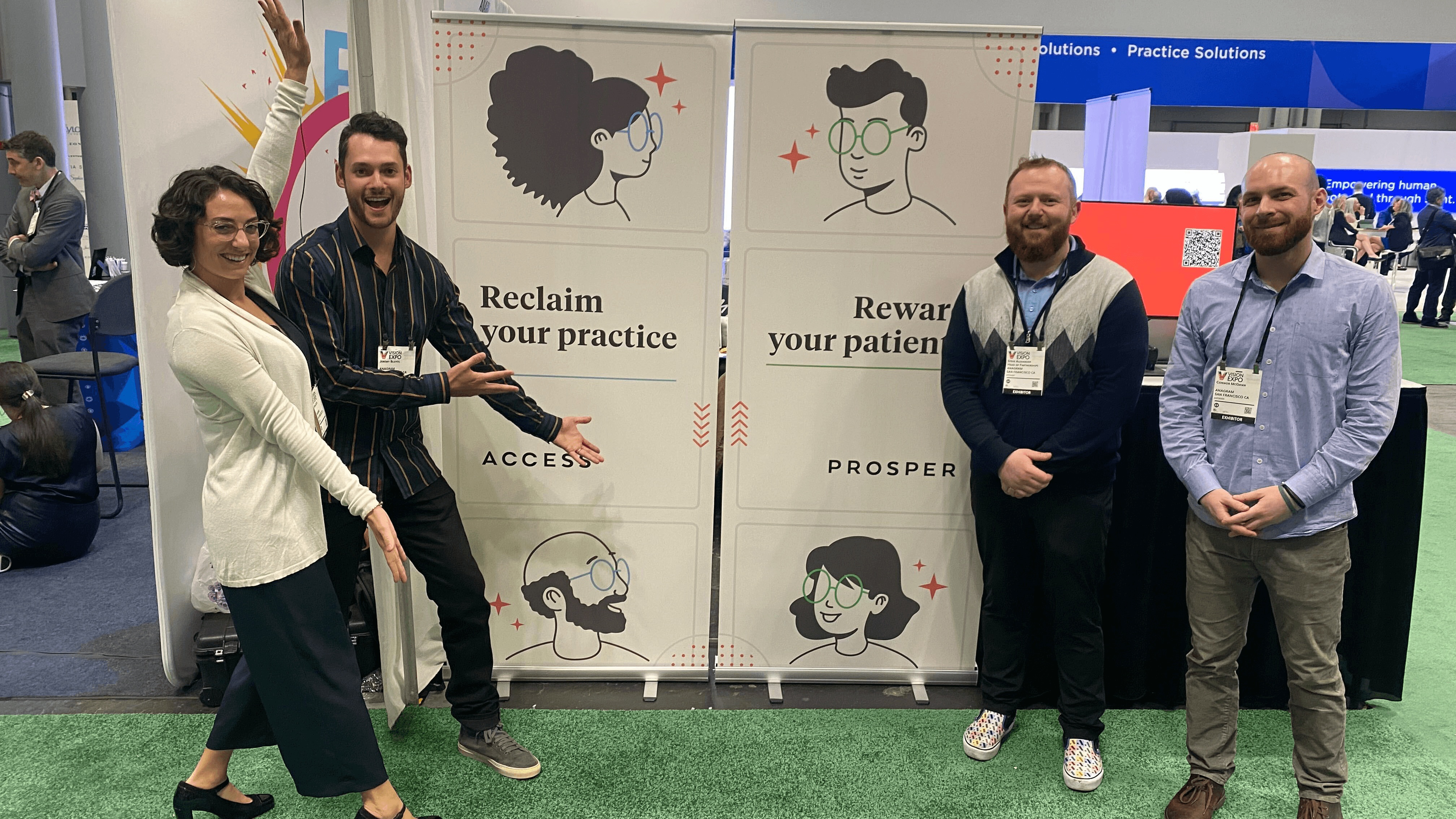 Anagram team members beside Access and Prosper displays at Vision Expo East in 2022