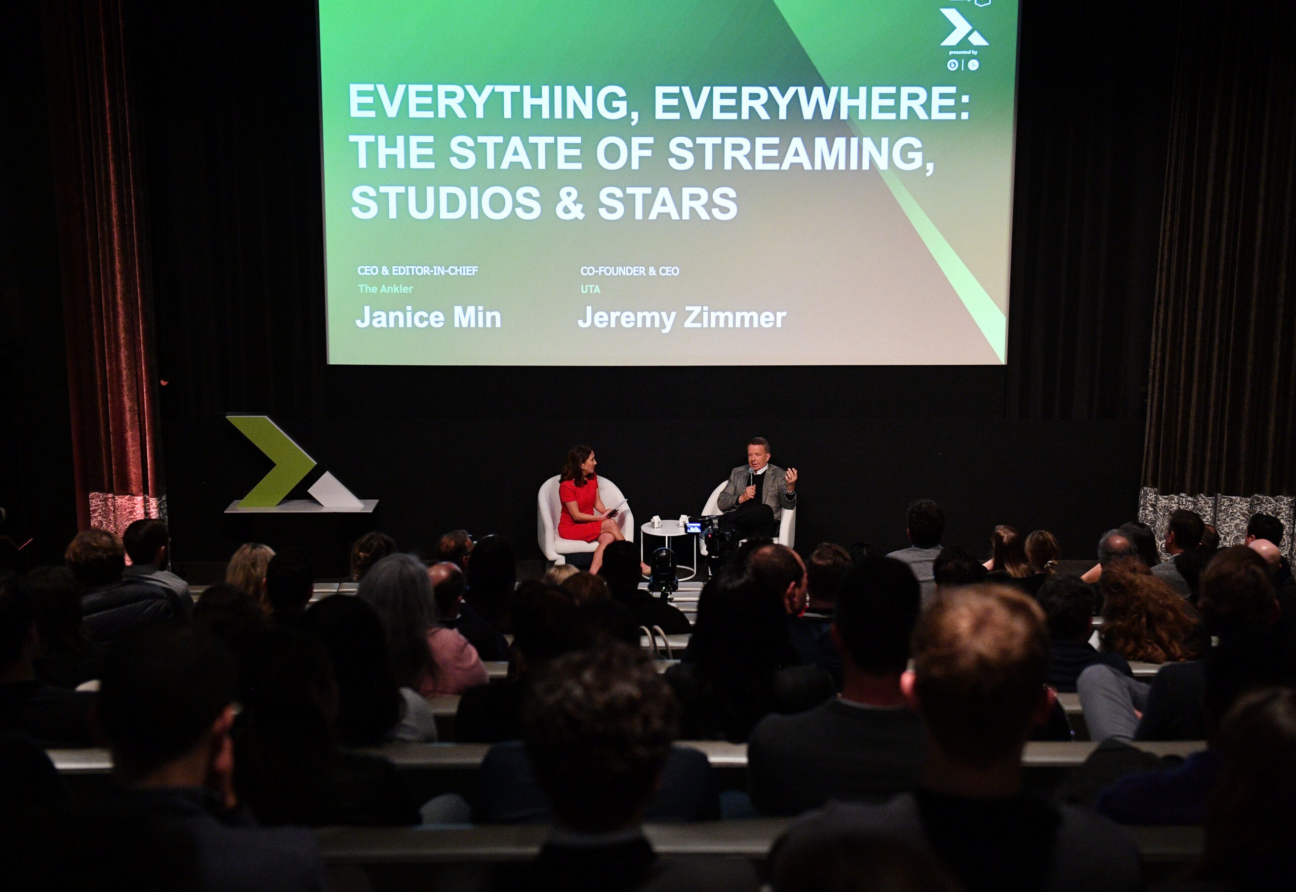 Janice Min, left, interviews Jeremy Zimmer onstage at NXStream Global in March 2023.