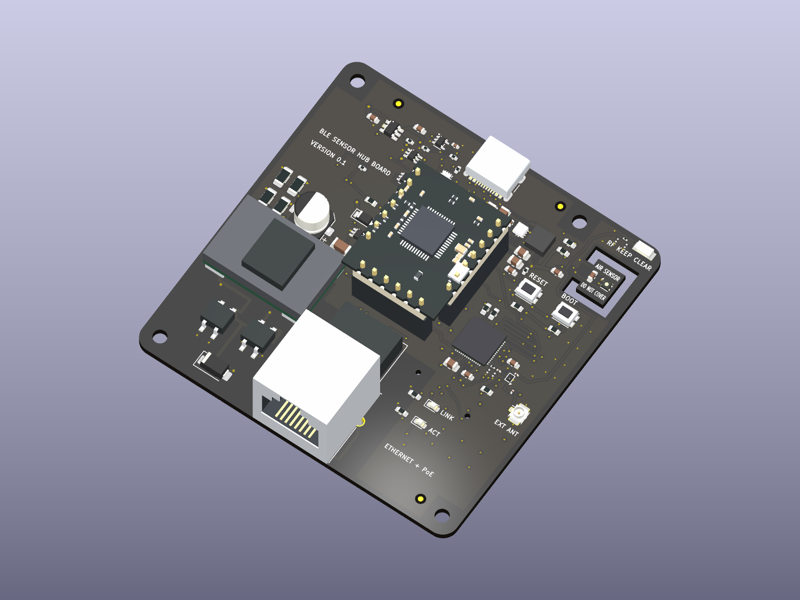 A KiCad rendering of Frazelle’s Bluetooth sensor hub circuit board