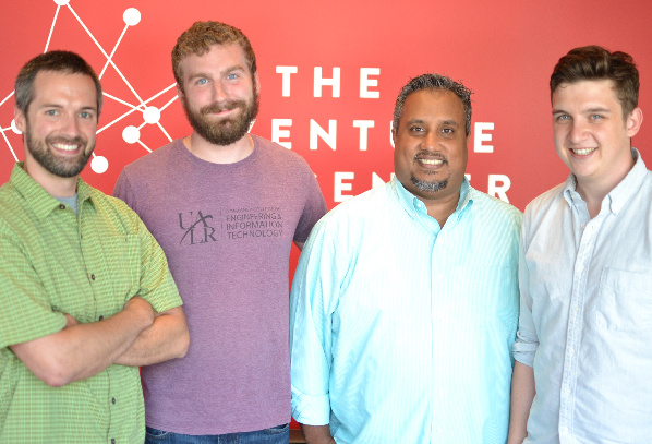 Early Apptegy team: Sean Ruggles, Josiah Brann, Jeston George and David Allan, standing together in 2015.