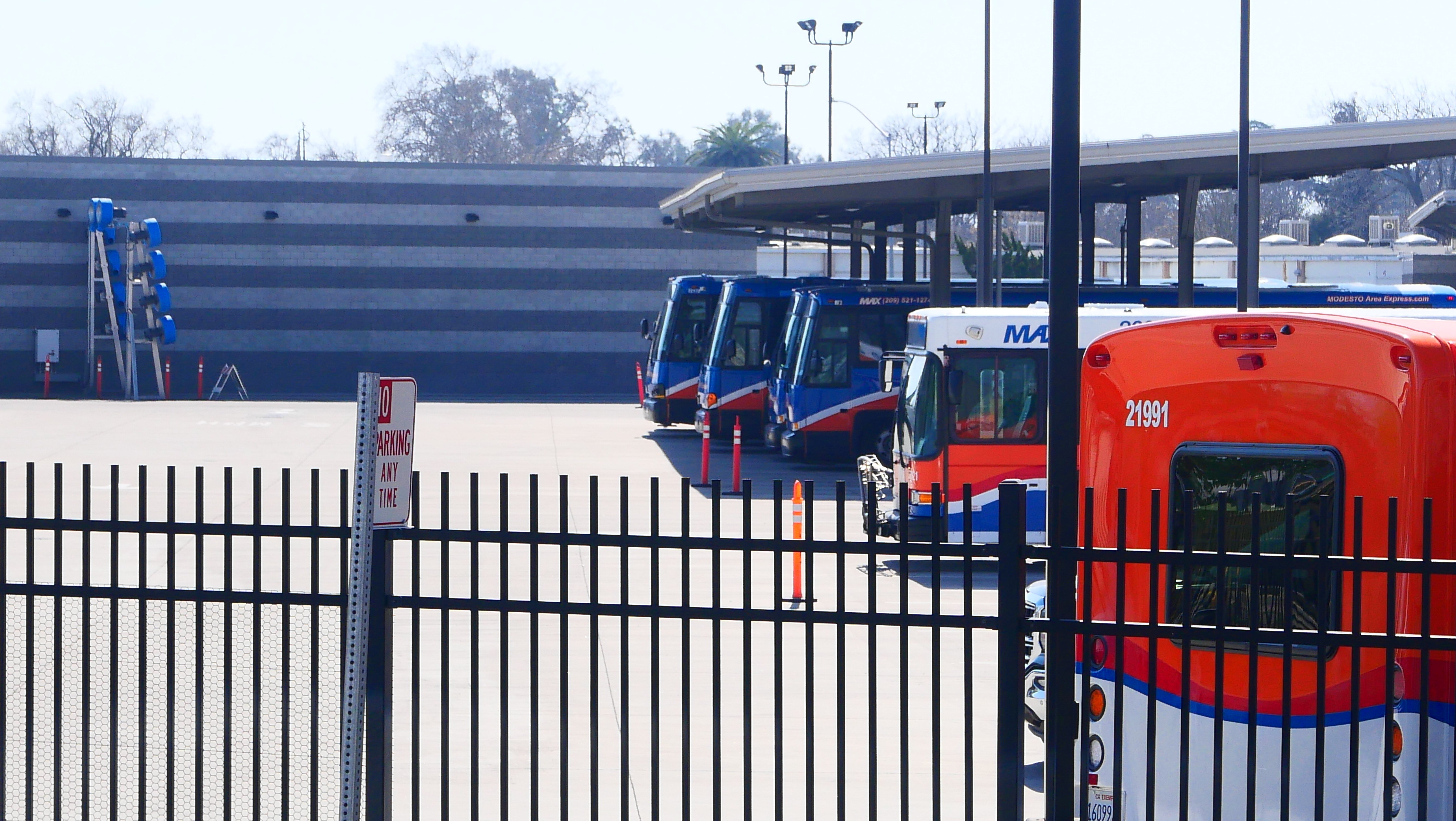 Modesto Area Express buses lined up at their storage and maintenance facility