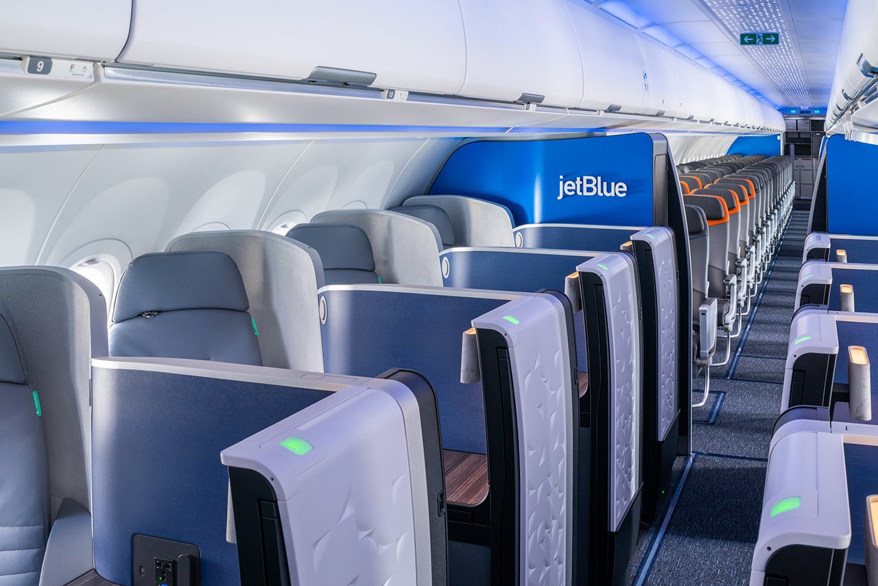 JetBlue Mint cabin with individual suites and seatback screens