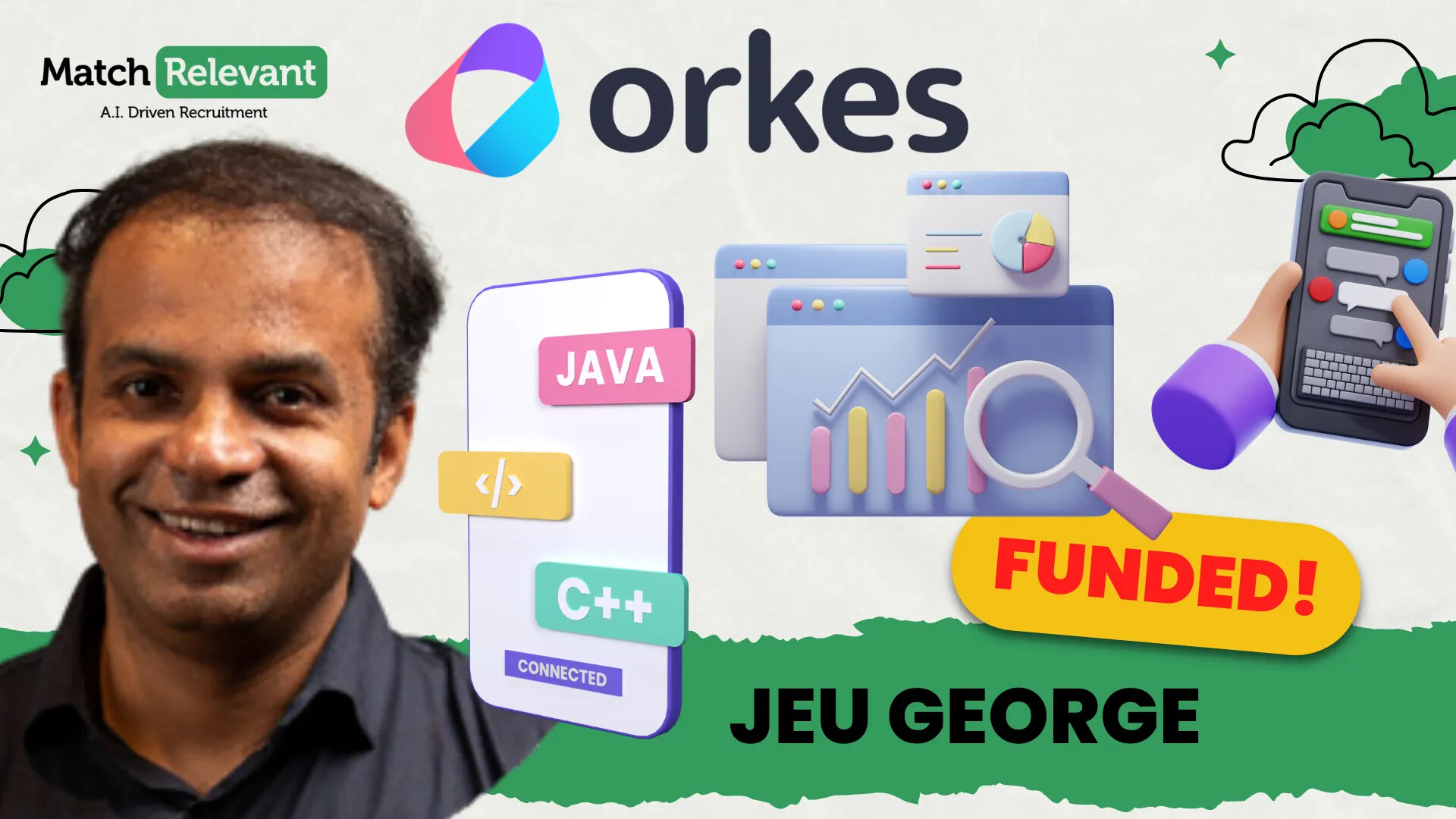Interview artwork showing Jeu George beside the Orkes logo and application graphics