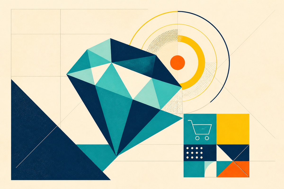Abstract Swiss-style illustration of a faceted gemstone, broadcast rings and a modular commerce grid