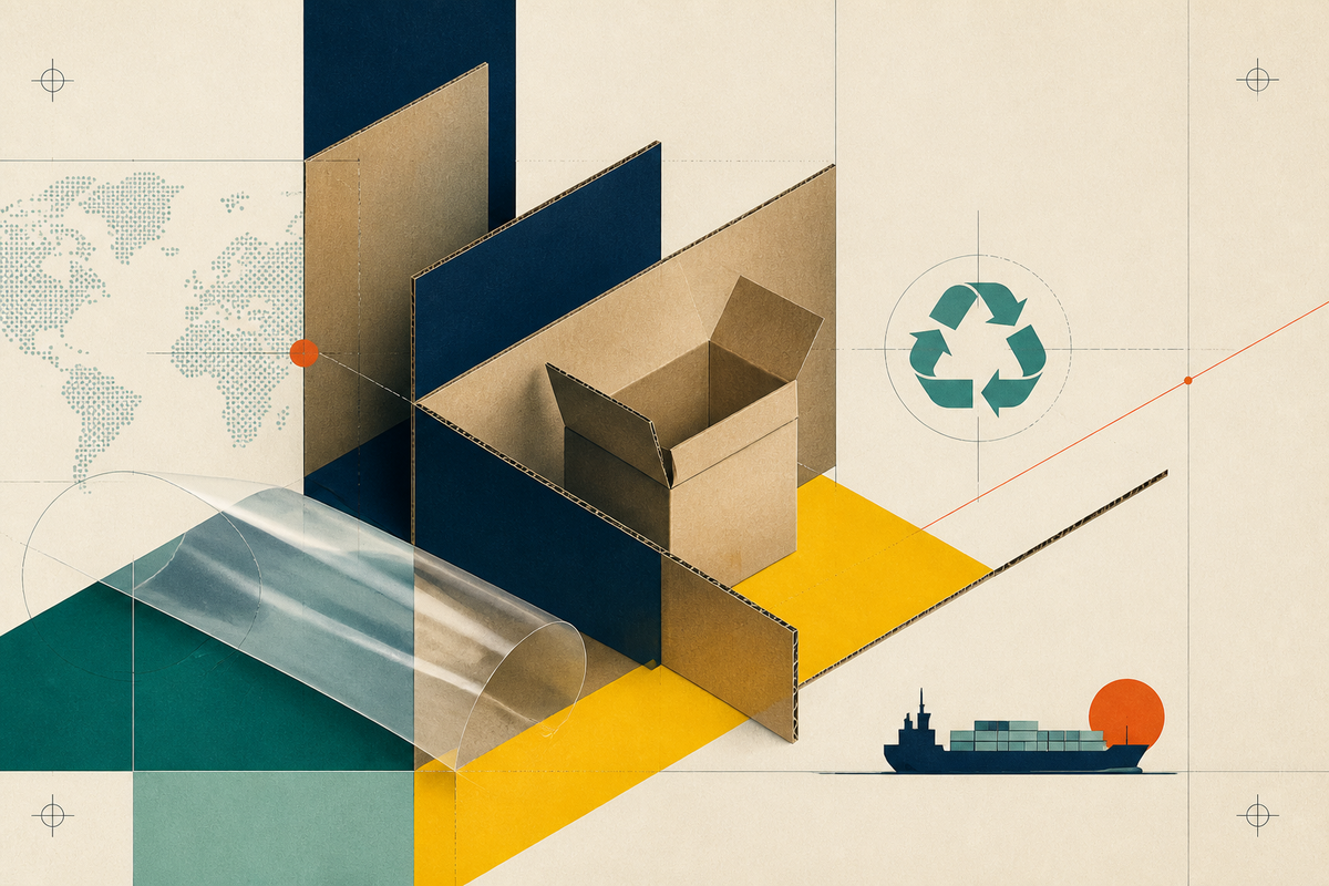 Abstract Swiss-style composition of corrugated planes, a folded carton, flexible film and global shipping motifs