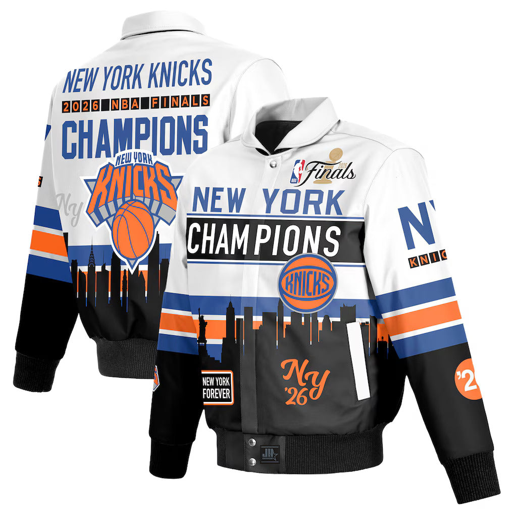JH Design white Knicks commemorative leather jacket product photograph