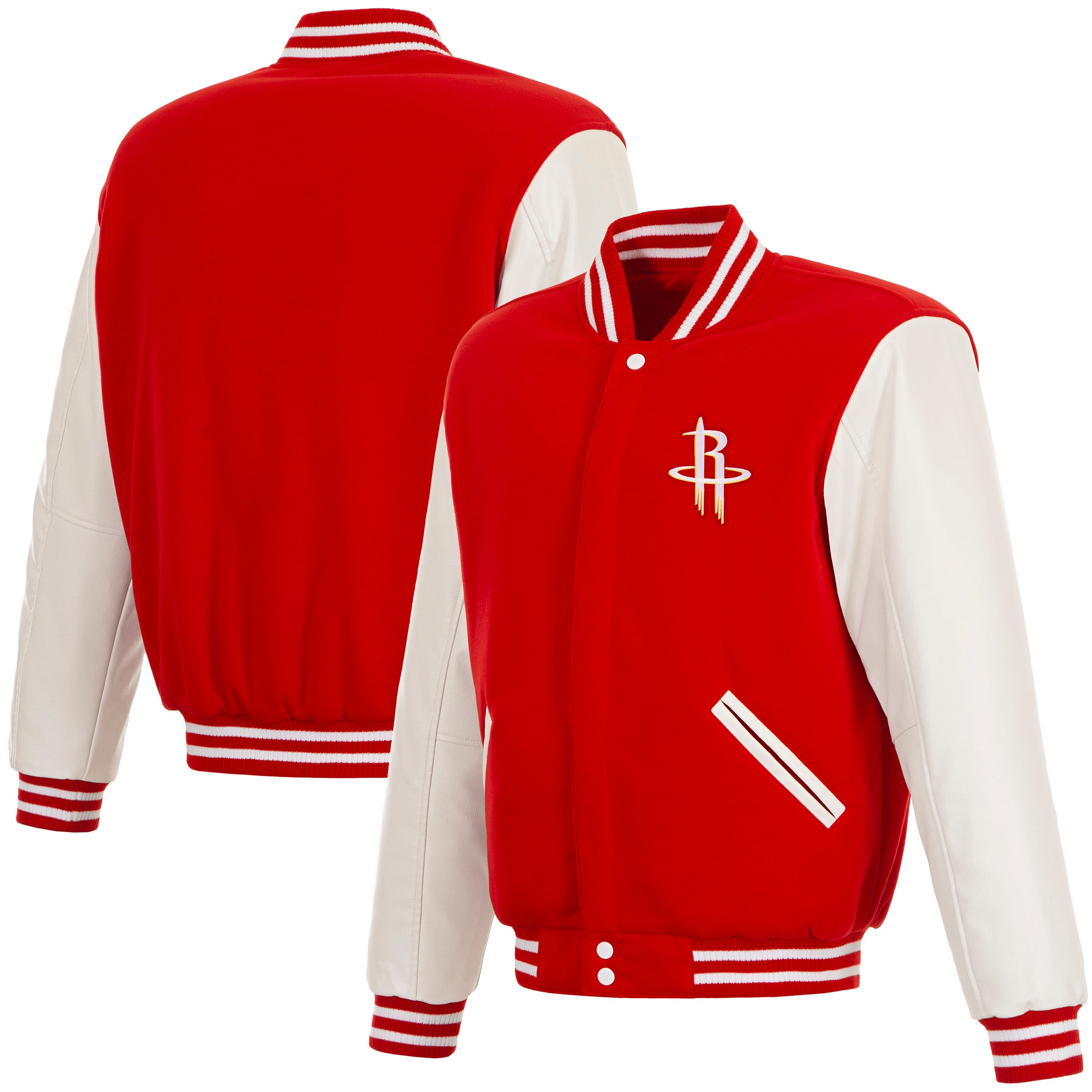 Front and back views of JH Design’s red and white Houston Rockets varsity jacket