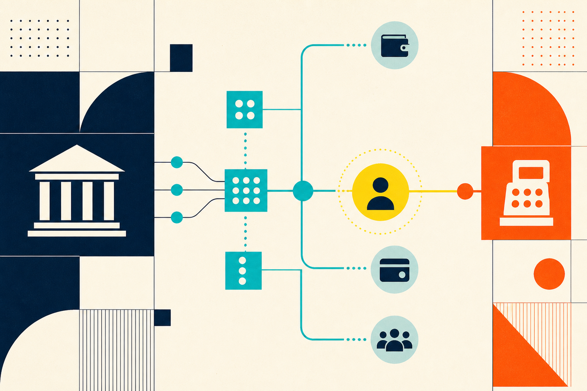Abstract Swiss-style illustration of a bank connected through modular software to a borrower, wallet and checkout terminal