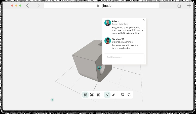Jiga product example showing a discussion pinned to a hole on a 3D model