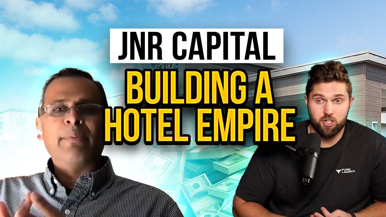 Promotional image for Jignesh Patel’s hotel investment interview, with Patel on the left and the interviewer on the right