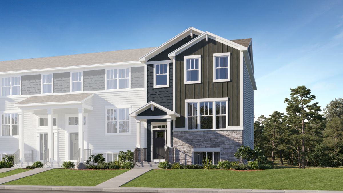 Architectural rendering of a gray and white attached home in the Plainfield property listing associated with Jill Van Riet