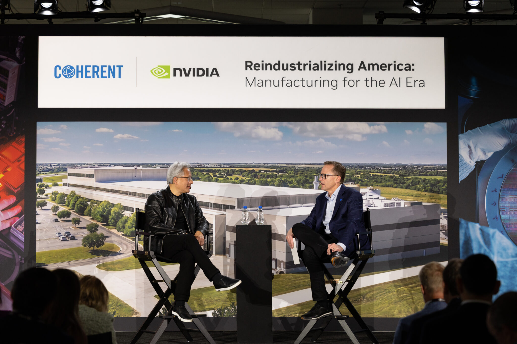 Jensen Huang, left, and Jim Anderson, right, seated in conversation at Coherent’s Sherman expansion event